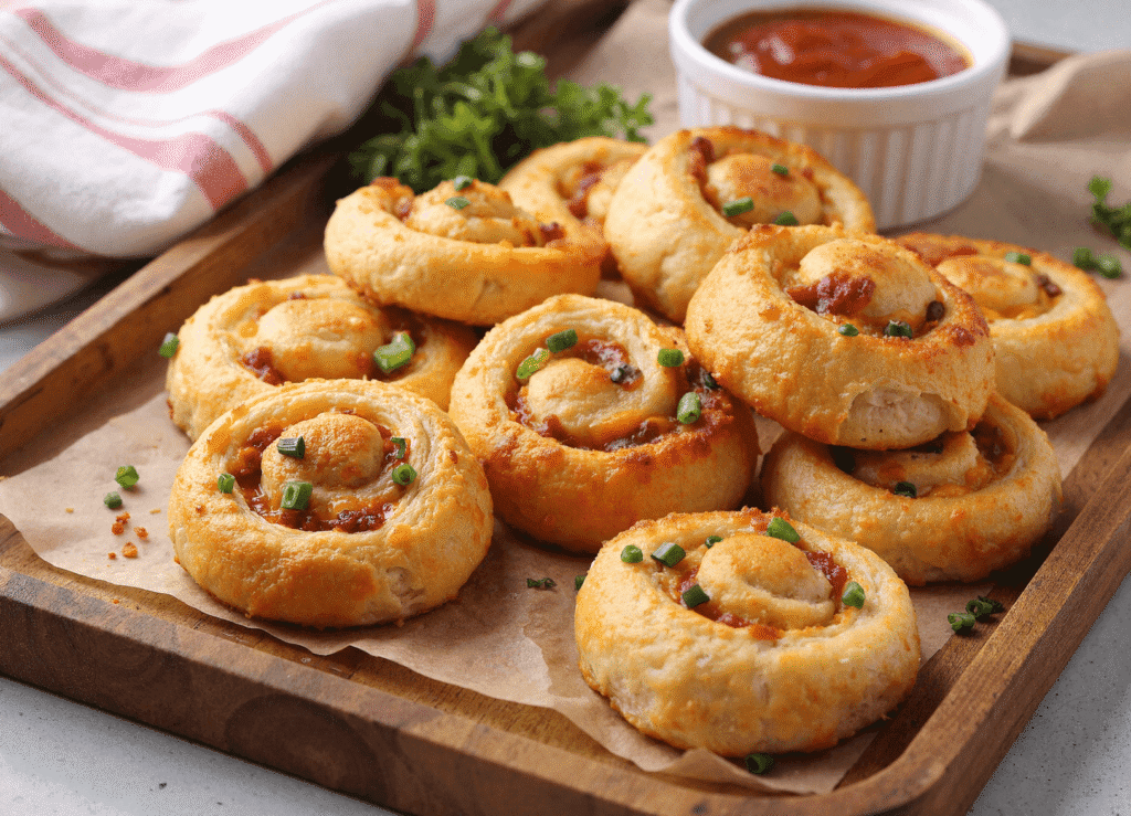 Freshly baked jalapeño popper pinwheels served on a wooden tray with a side of marinara dipping sauce and topped with chopped green onions.