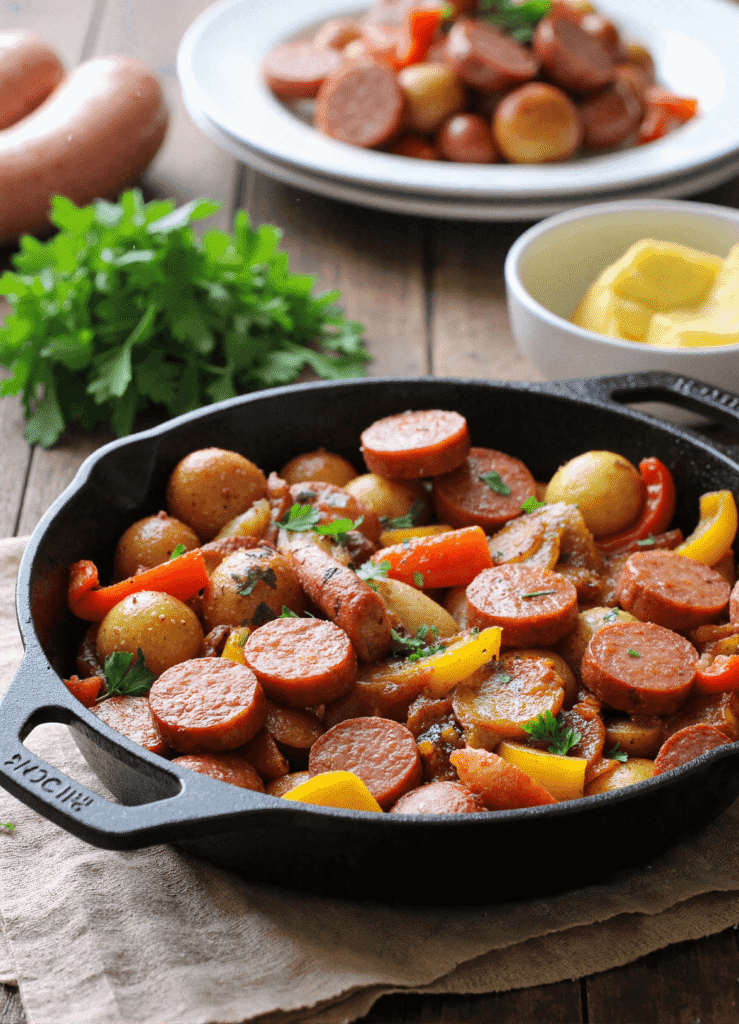 One-pan kielbasa sausage and potato skillet with bell peppers in a cast iron pan