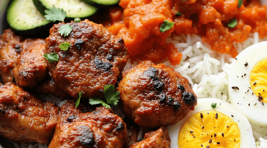 Grilled Korean BBQ chicken leg and thigh with jasmine rice, sliced cucumbers, carrots, kimchi-style mash, and soft-boiled egg.