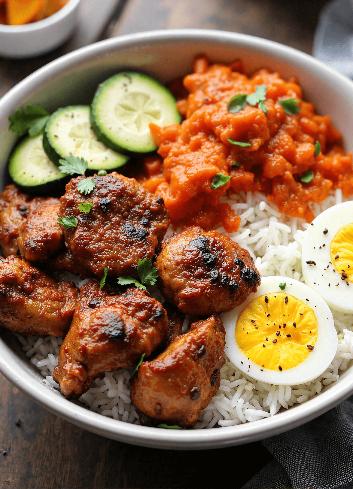 Grilled Korean BBQ chicken leg and thigh with jasmine rice, sliced cucumbers, carrots, kimchi-style mash, and soft-boiled egg.