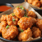 Bowl of Korean chicken bites glazed in spicy gochujang sauce, garnished with sesame seeds and green onions, with a dipping sauce in the background.