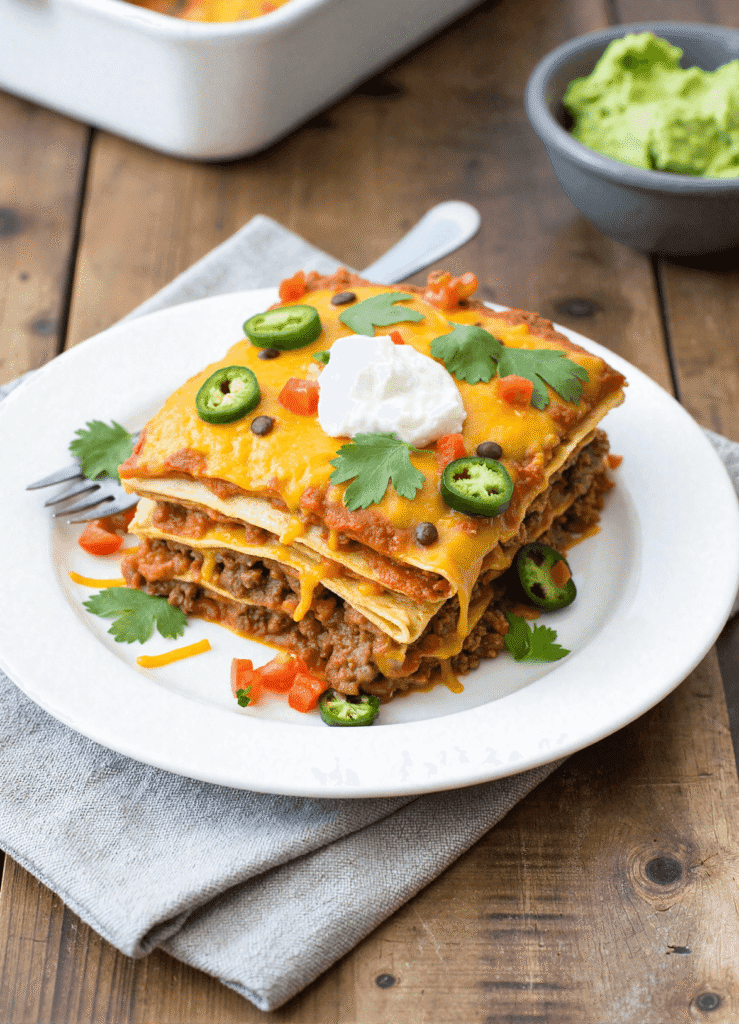 Taco lasagna stacked with cheese, ground beef, tortillas, jalapeños, and sour cream on a white plate.