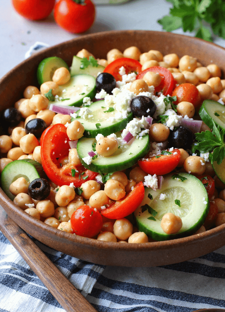 Mediterranean garbanzo bean salad with cucumber, cherry tomatoes, kalamata olives, bell peppers, feta cheese, and parsley in a rustic wooden bowl.