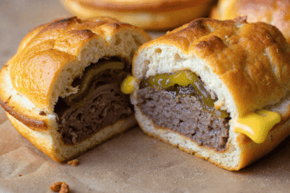 Mini round cheeseburger pocket sliced in half showing juicy ground beef patty, melted cheese, and sliced pickles inside a soft golden crust.