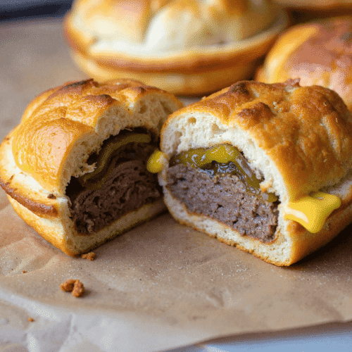 Mini round cheeseburger pocket sliced in half showing juicy ground beef patty, melted cheese, and sliced pickles inside a soft golden crust.