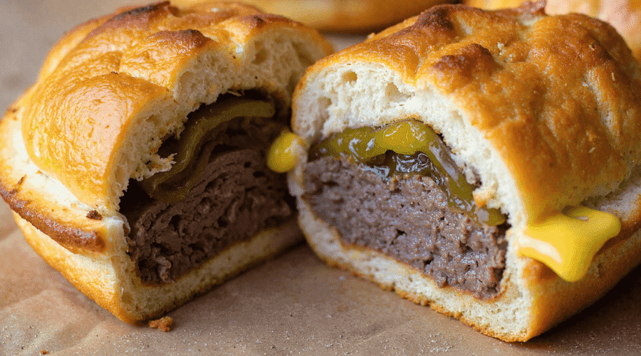Mini round cheeseburger pocket sliced in half showing juicy ground beef patty, melted cheese, and sliced pickles inside a soft golden crust.