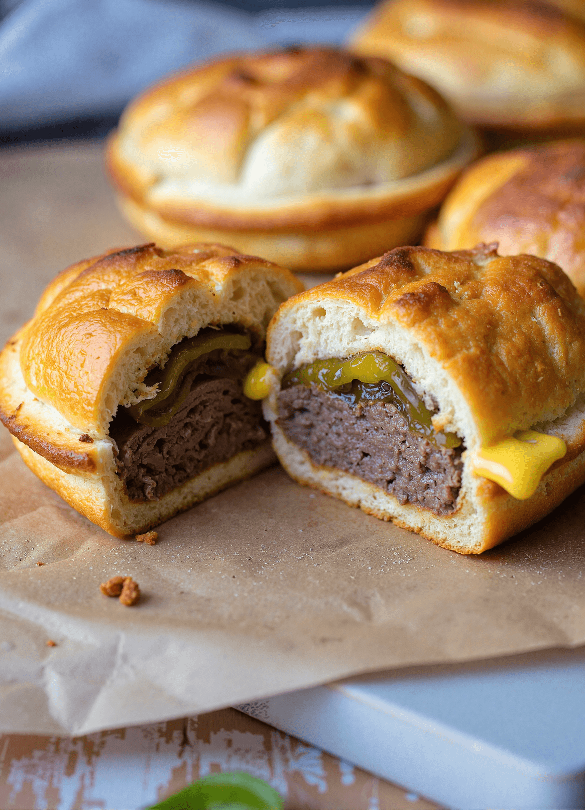 Mini round cheeseburger pocket sliced in half showing juicy ground beef patty, melted cheese, and sliced pickles inside a soft golden crust.