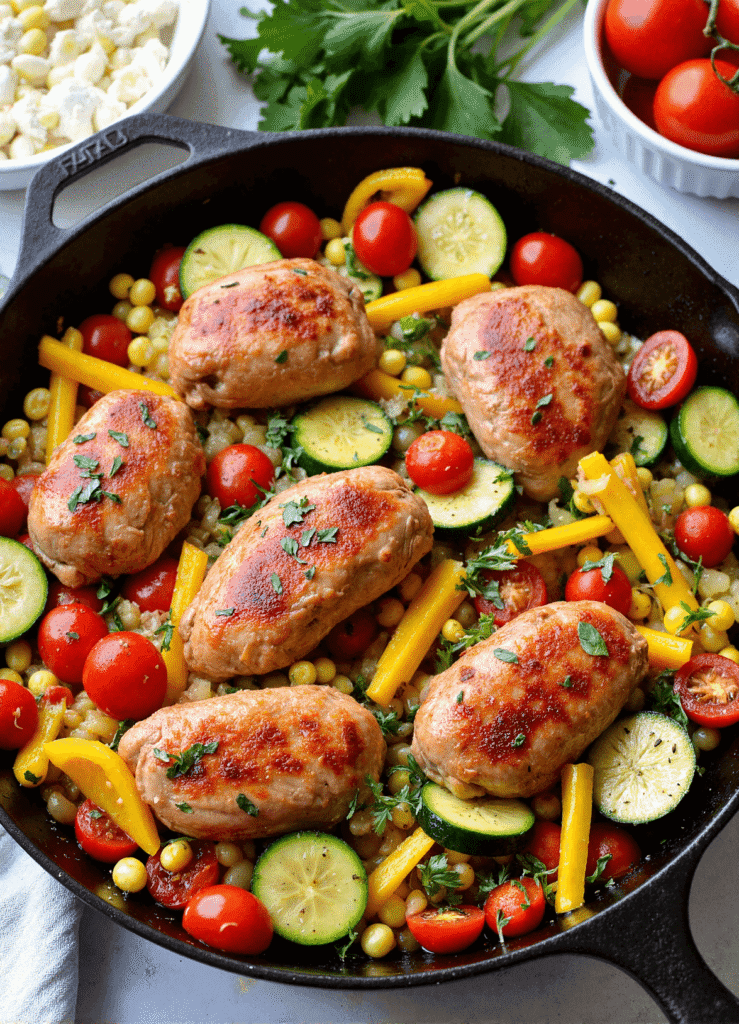 one-pan chicken sausage and vegetable skillet with whole chicken sausages, zucchini, cherry tomatoes, yellow bell peppers, and fresh herbs