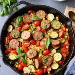 one-pan summer veggie chicken sausage skillet with zucchini, bell peppers, cherry tomatoes, corn, and basil in a cast iron skillet