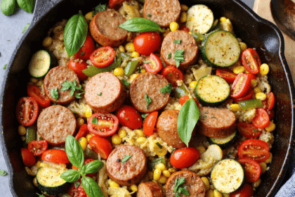 one-pan summer veggie chicken sausage skillet with zucchini, bell peppers, cherry tomatoes, corn, and basil in a cast iron skillet