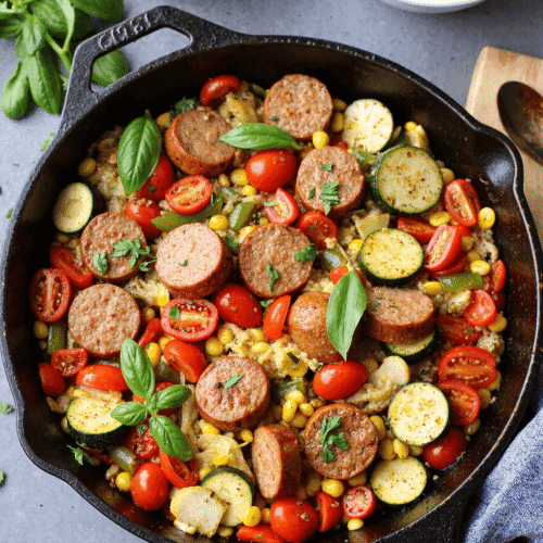 one-pan summer veggie chicken sausage skillet with zucchini, bell peppers, cherry tomatoes, corn, and basil in a cast iron skillet