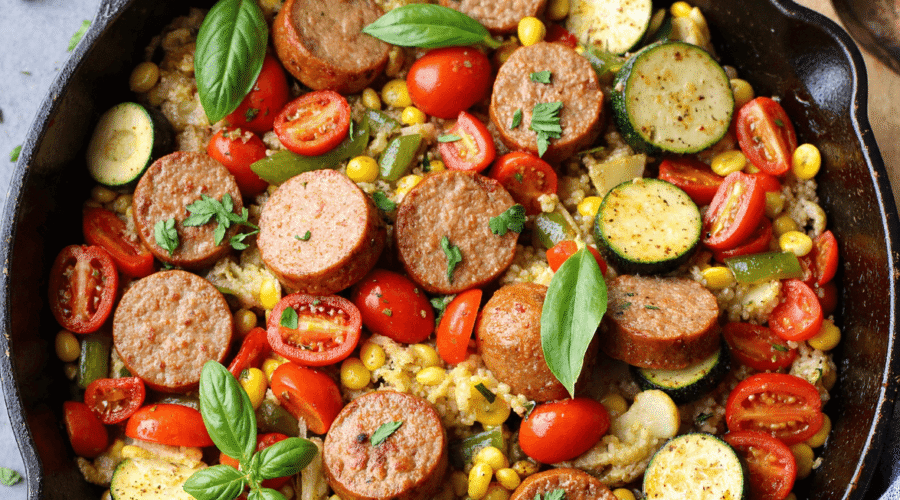 one-pan summer veggie chicken sausage skillet with zucchini, bell peppers, cherry tomatoes, corn, and basil in a cast iron skillet