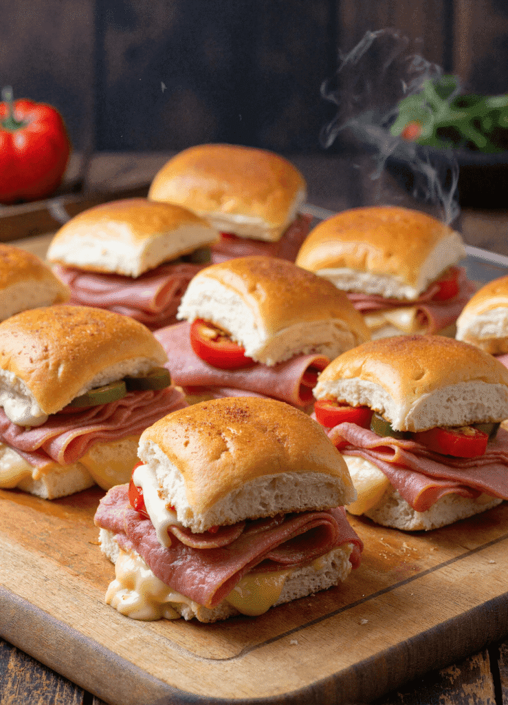 A tray of hot Italian sub sliders filled with ham, pickles, tomatoes, and melted cheese on soft slider buns, steam rising in the background.