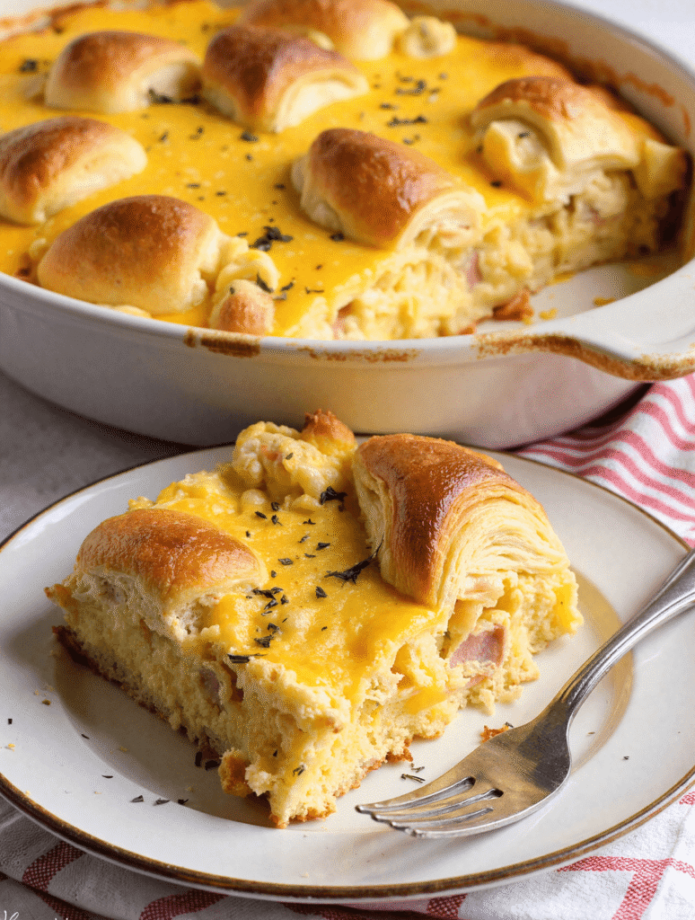 Overnight croissant breakfast casserole with ham, eggs, and cheese baked golden brown in a white baking dish, served with a slice on a plate.