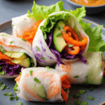 rainbow veggie rice paper rolls with peanut sauce, filled with avocado, red bell pepper, purple cabbage, carrots, lettuce, served with creamy peanut dipping sauce