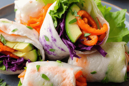 rainbow veggie rice paper rolls with peanut sauce, filled with avocado, red bell pepper, purple cabbage, carrots, lettuce, served with creamy peanut dipping sauce