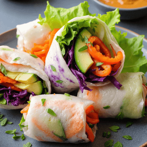 rainbow veggie rice paper rolls with peanut sauce, filled with avocado, red bell pepper, purple cabbage, carrots, lettuce, served with creamy peanut dipping sauce