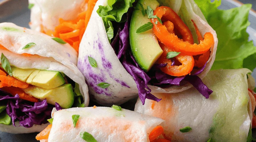 rainbow veggie rice paper rolls with peanut sauce, filled with avocado, red bell pepper, purple cabbage, carrots, lettuce, served with creamy peanut dipping sauce