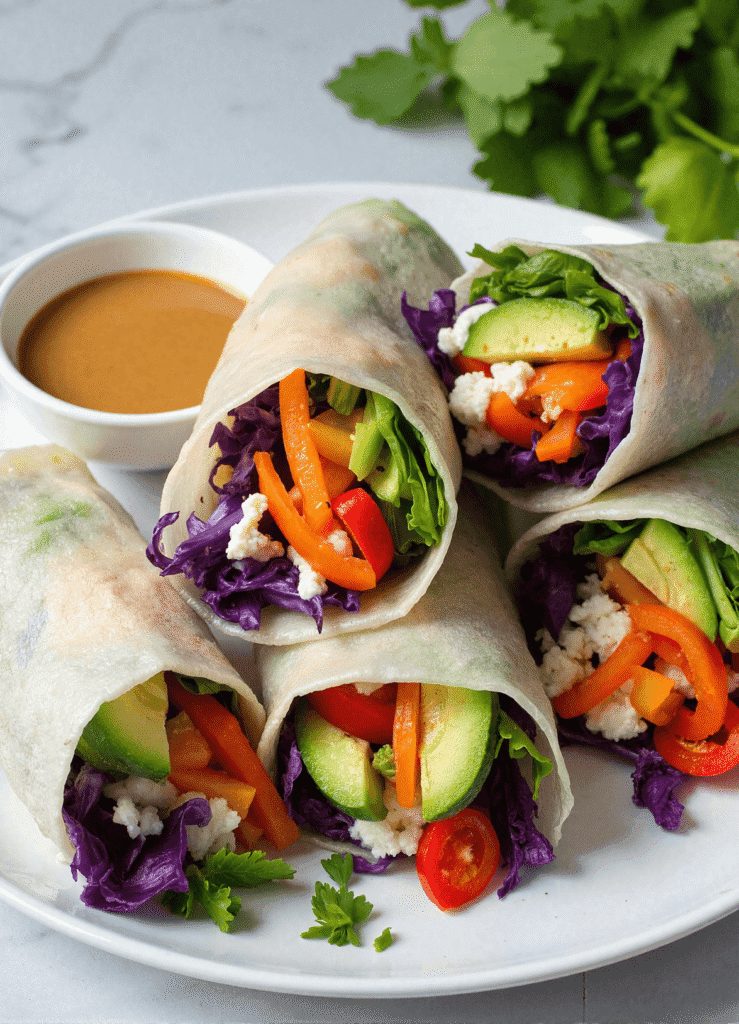 rainbow vegetable spring rolls filled with avocado, bell pepper, purple cabbage, lettuce, fresh herbs, and crumbled tofu, served with peanut dipping sauce