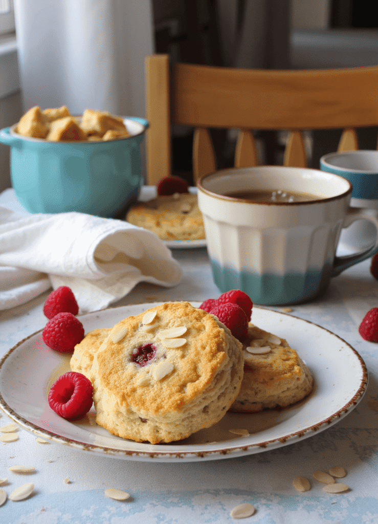 Plated raspberry almond drop biscuits with almond slices and fresh raspberries, served with coffee on a cozy morning table setup.