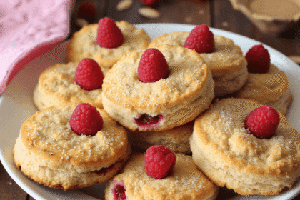 Freshly baked raspberry almond drop biscuits stacked on a white plate, topped with whole raspberries and dusted with sugar, served with coffee.