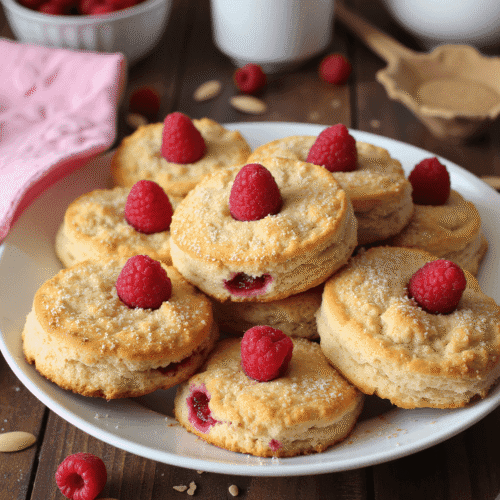 Freshly baked raspberry almond drop biscuits stacked on a white plate, topped with whole raspberries and dusted with sugar, served with coffee.