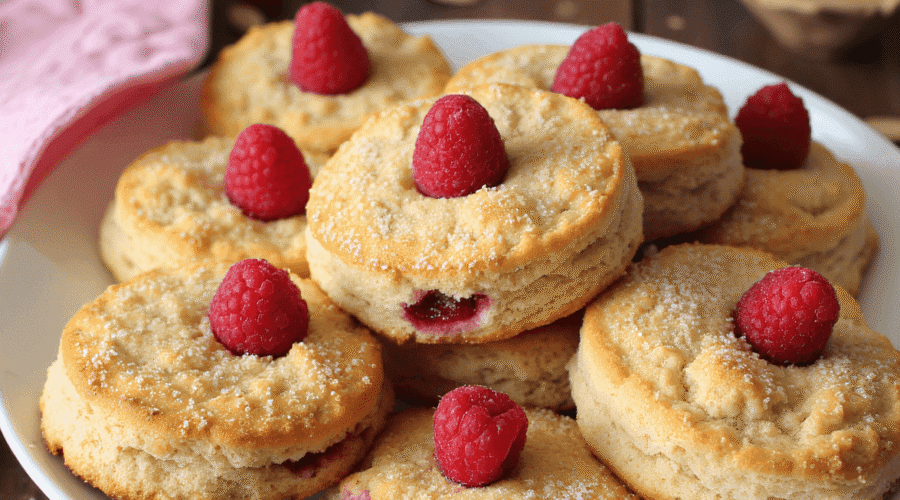 Freshly baked raspberry almond drop biscuits stacked on a white plate, topped with whole raspberries and dusted with sugar, served with coffee.