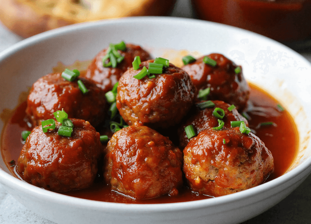 Plate of honey BBQ slow cooker meatballs coated in sauce and topped with sliced green onions, ready to serve as an appetizer or dinner.