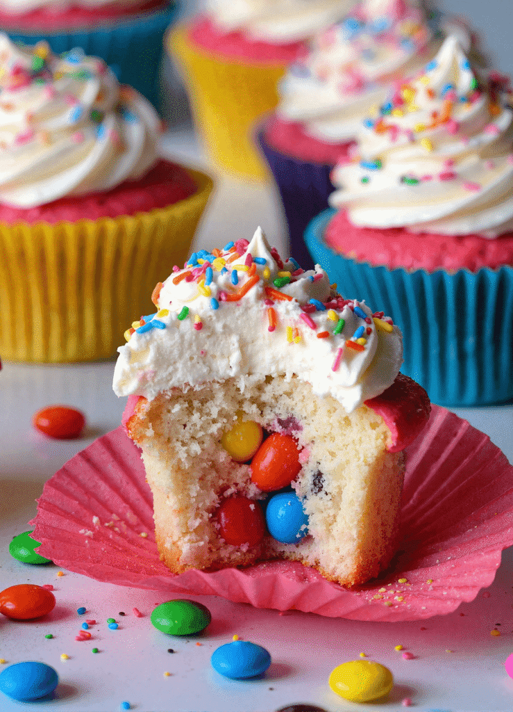 Birthday cupcake with hidden candy center and rainbow sprinkles in colorful liners