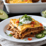 Close-up of taco lasagna served on a white plate, layered with ground beef, tortillas, melted cheddar cheese, and topped with sour cream and cilantro.