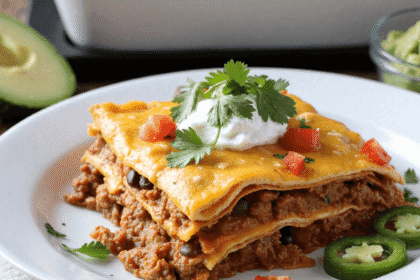 Close-up of taco lasagna served on a white plate, layered with ground beef, tortillas, melted cheddar cheese, and topped with sour cream and cilantro.