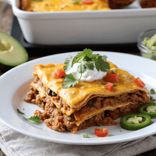 Close-up of taco lasagna served on a white plate, layered with ground beef, tortillas, melted cheddar cheese, and topped with sour cream and cilantro.