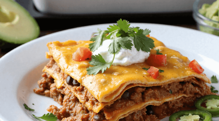 Close-up of taco lasagna served on a white plate, layered with ground beef, tortillas, melted cheddar cheese, and topped with sour cream and cilantro.