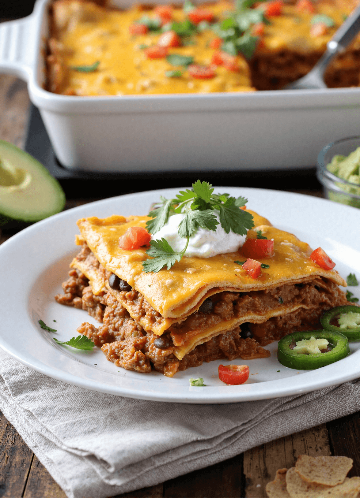 Close-up of taco lasagna served on a white plate, layered with ground beef, tortillas, melted cheddar cheese, and topped with sour cream and cilantro.