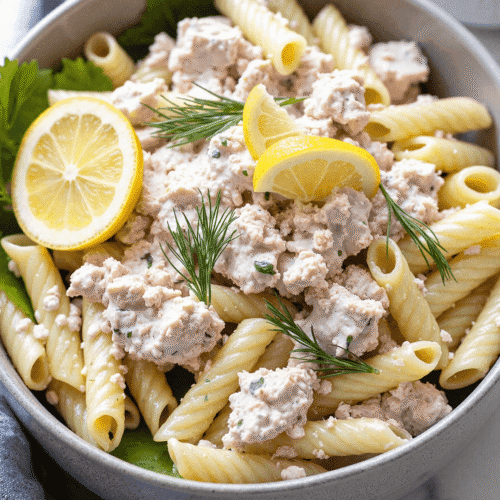 Bowl of tuna pasta salad with lemon and dill featuring rotini pasta, tuna chunks, fresh dill sprigs, and lemon wedges. High-protein pasta salad perfect for picnics.