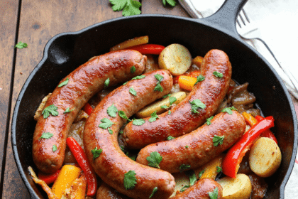 Whole kielbasa sausages roasted with potatoes and peppers in a black skillet
