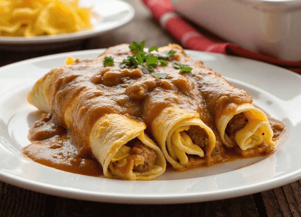 Three cheesy breakfast enchiladas on a white plate covered in sausage gravy and topped with fresh parsley