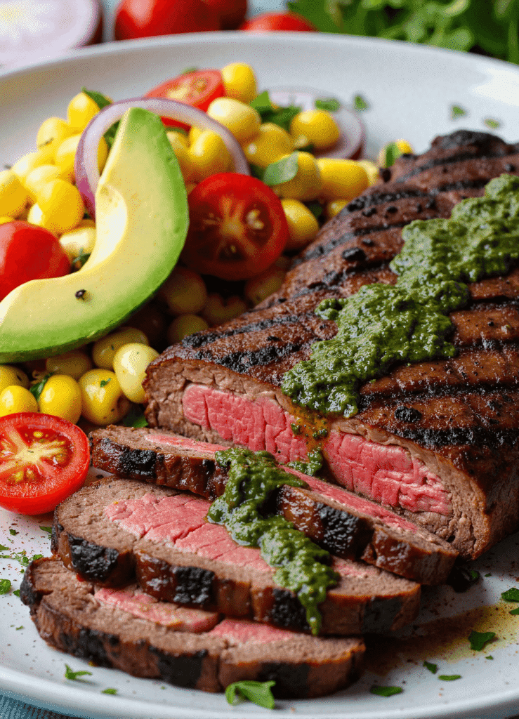 Grilled chimichurri steak served with avocado slices and fresh corn tomato salad on a white plate