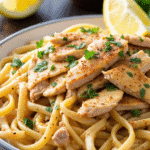 Close-up of cowboy butter chicken linguine with sliced seasoned chicken breast on a bed of linguine noodles, garnished with fresh parsley and lemon wedges.