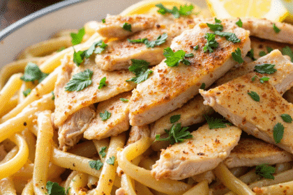 Close-up of cowboy butter chicken linguine with sliced seasoned chicken breast on a bed of linguine noodles, garnished with fresh parsley and lemon wedges.