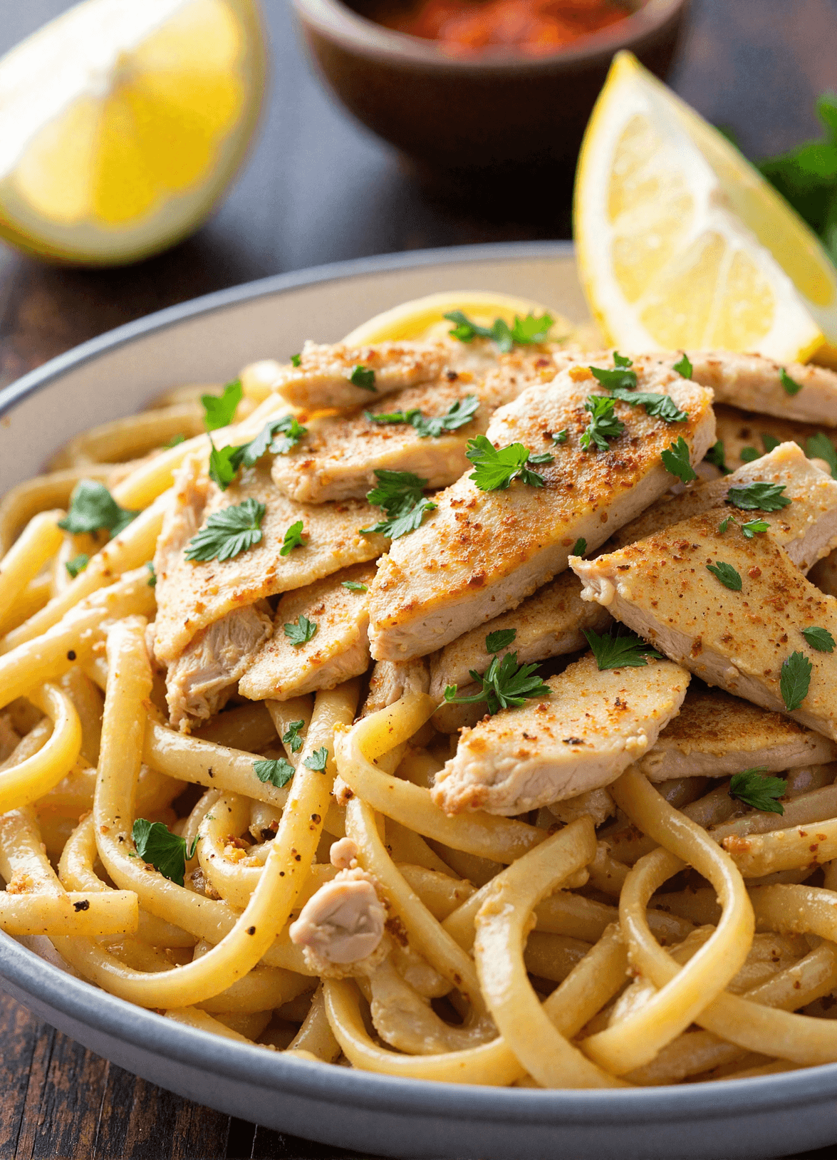 Close-up of cowboy butter chicken linguine with sliced seasoned chicken breast on a bed of linguine noodles, garnished with fresh parsley and lemon wedges.