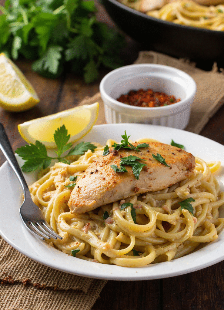 Cowboy butter chicken linguine served on a white plate, topped with a golden pan-seared chicken breast, garnished with parsley and lemon slices.