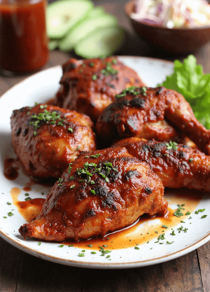 Plated BBQ chicken thighs glazed with a sweet and smoky sauce, served with shredded lettuce, avocado slices, and barbecue sauce on the side