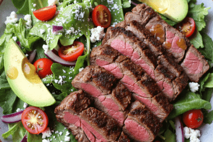grilled steak salad with avocado, cherry tomatoes, feta cheese, and baby greens on a ceramic plate
