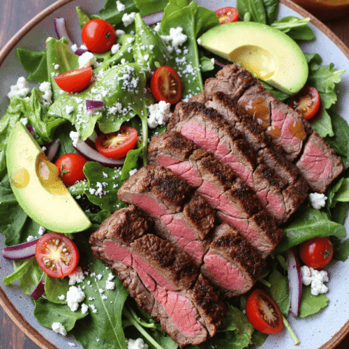 grilled steak salad with avocado, cherry tomatoes, feta cheese, and baby greens on a ceramic plate