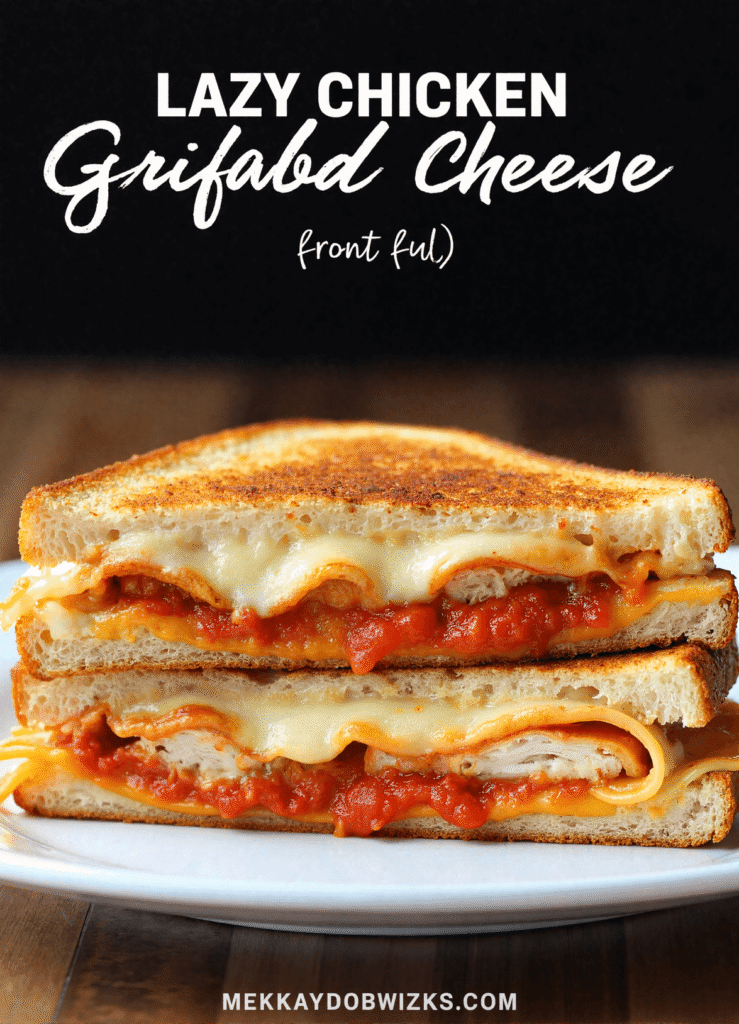 Close-up of Lazy Chicken Parmesan Grilled Cheese with gooey melted cheese and marinara sauce oozing between crispy golden bread