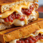 Close-up of Lazy Chicken Parmesan Grilled Cheese with gooey melted cheese and marinara sauce oozing between crispy golden bread