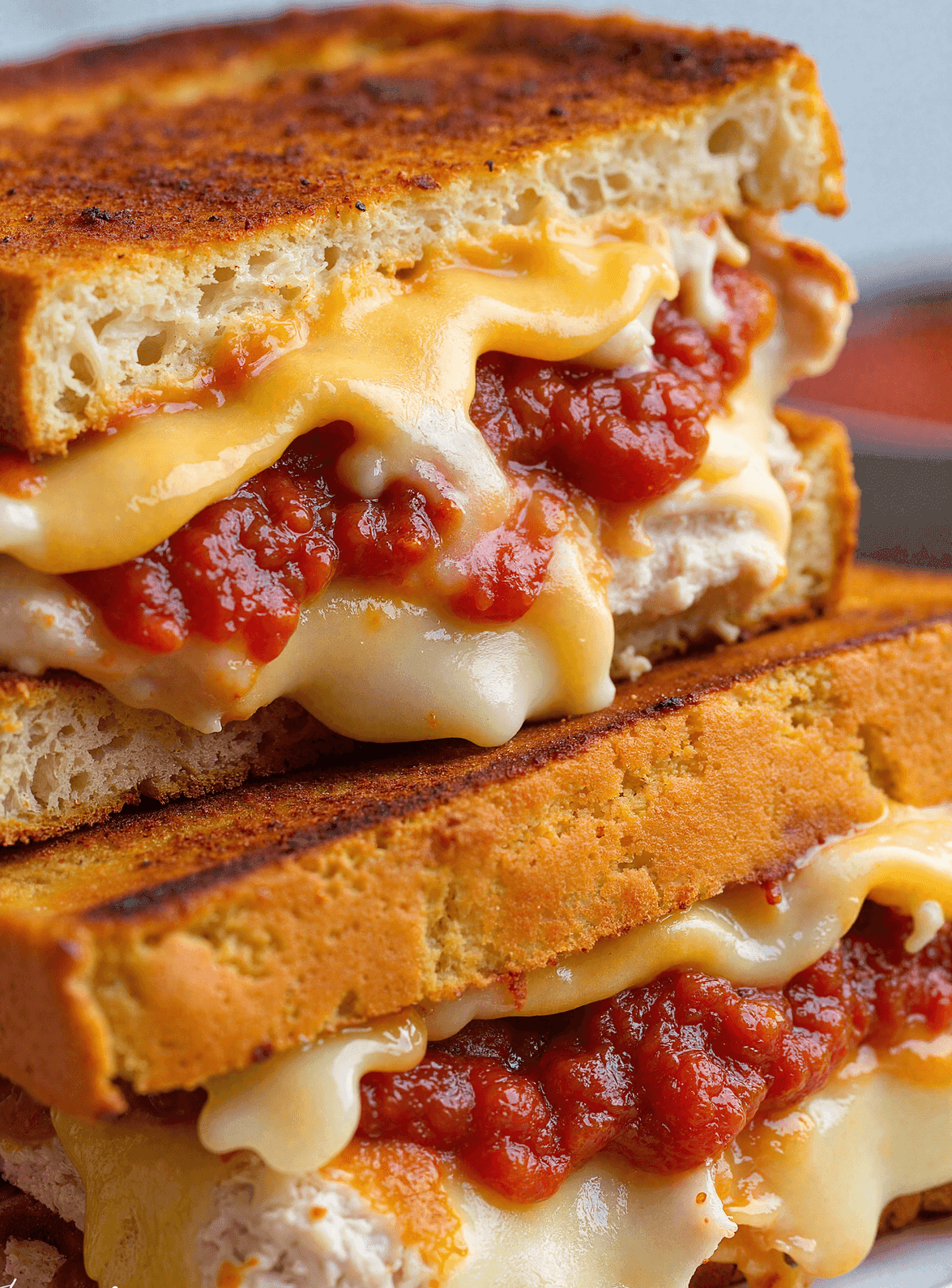 Close-up of Lazy Chicken Parmesan Grilled Cheese with gooey melted cheese and marinara sauce oozing between crispy golden bread