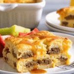 Golden-baked pancake sausage casserole slice on a white plate, drizzled with maple syrup and layered with savory ground sausage and fluffy custard.