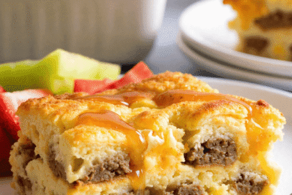 Golden-baked pancake sausage casserole slice on a white plate, drizzled with maple syrup and layered with savory ground sausage and fluffy custard.